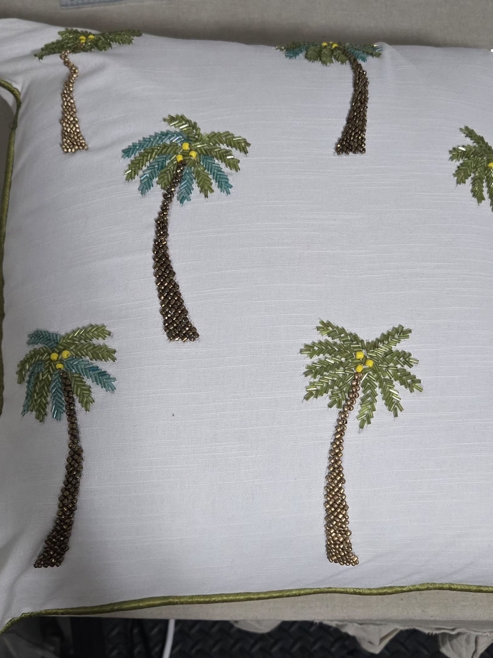 White Palm Tree Embroidered Beaded Decorative Pillow